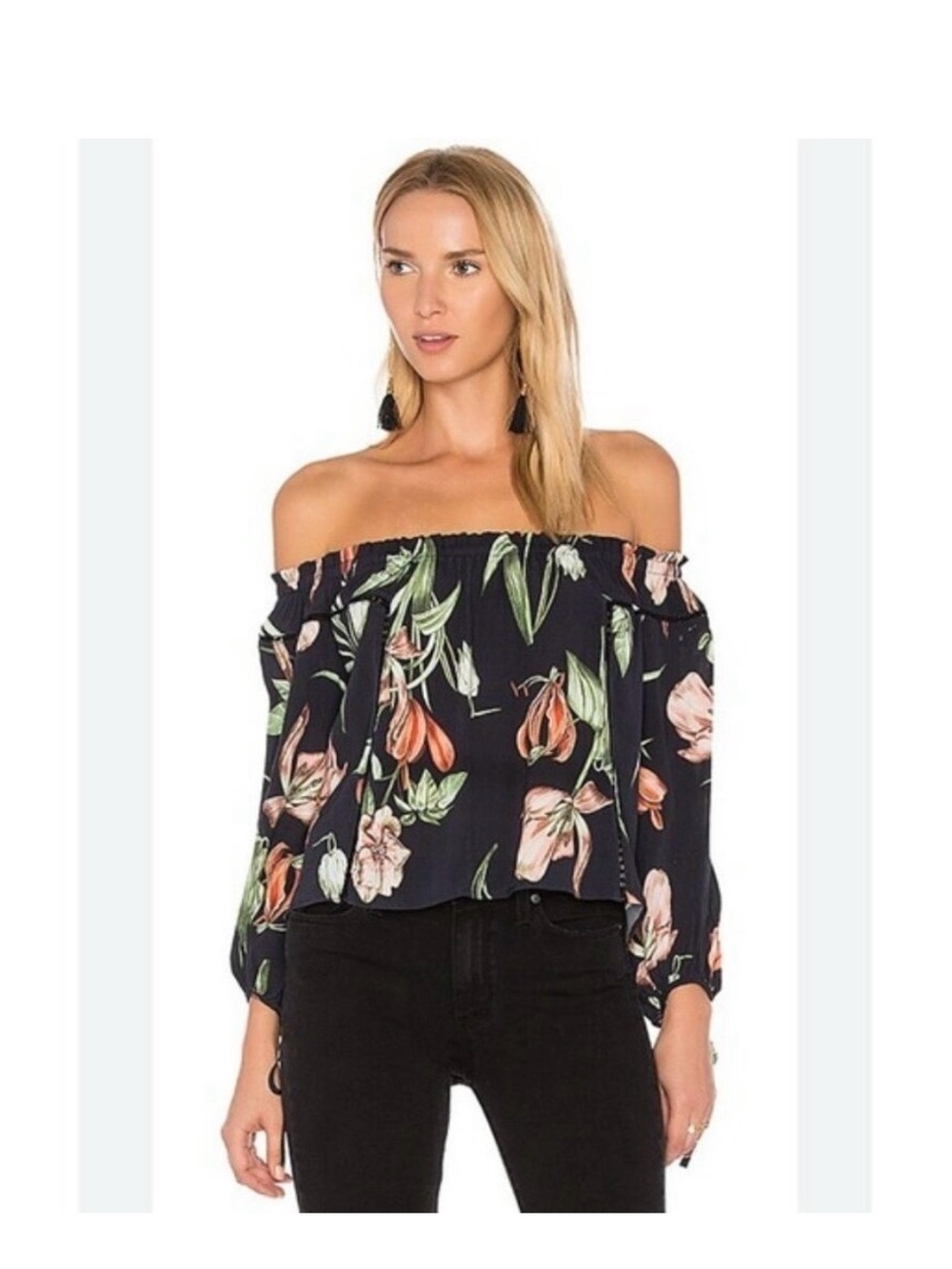 Astr Black Top with Green Leaf Print